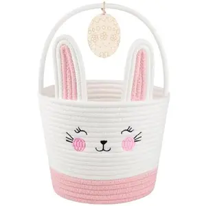 Personalized Easter Basket for Toddler, Woven Baby Easter Gifts basket with Handle, Empty Bunny Egg Basket for Girls Boys Kids, Pink&White