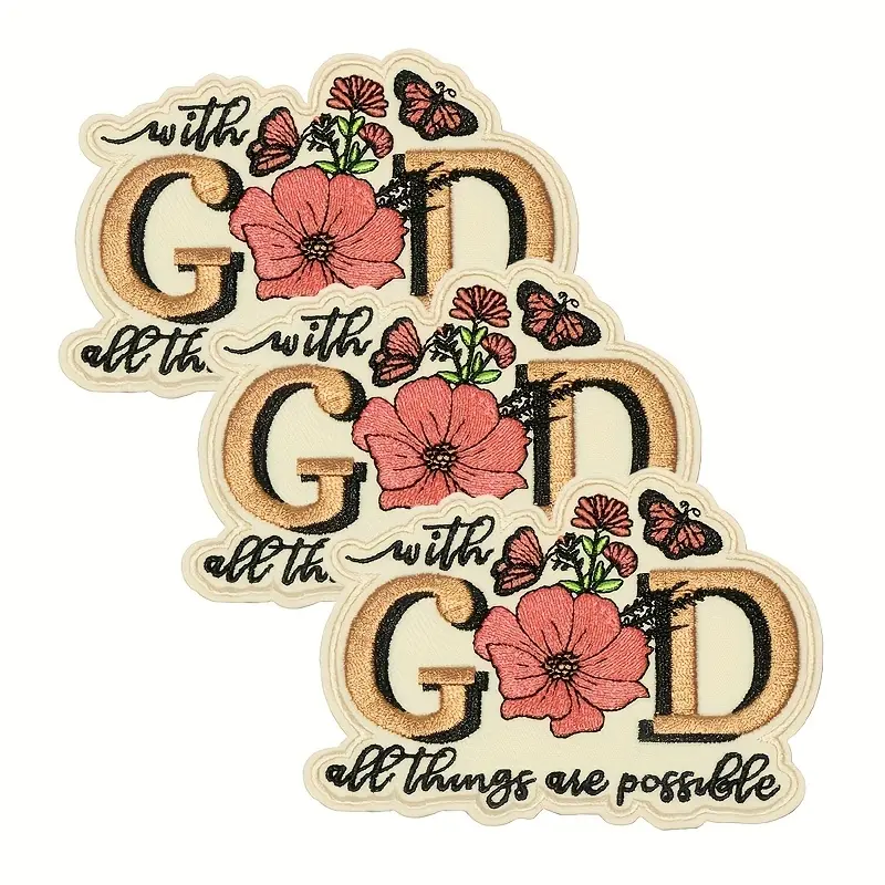 3 Fully Embroidered Polyester Iron-On Christian Patches - Heat Transfer Hot-Melt Glue, Jesus Design, Floral Butterflies, Biblical Quote "With God All Things Are Possible", 10.4 Cm / 4.09 Inches, Clothing Upcycling Accessory for Jeans, Baptismal Rituals, C