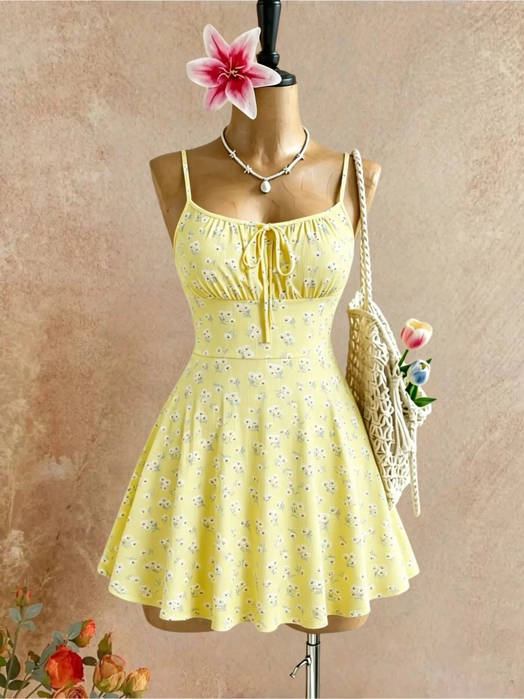 Women Thin Spaghetti Strap Ditsy Floral Front Tie Ribbed Mini Skater Dress 2026 Summer Y2K Yellow Cute Beach Vacation Swing Shor