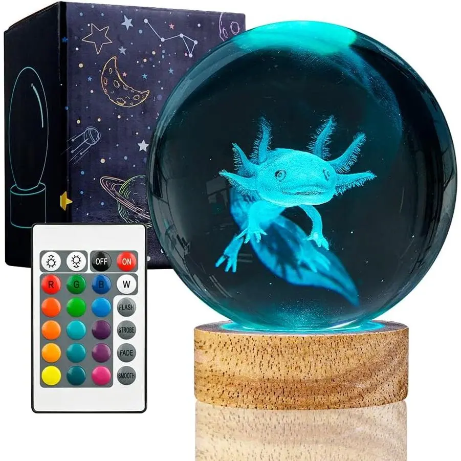 3D Axolotl Crystal Ball Night Light with Woodern Base,16 Colors with Remote Control Cool Desk Decor Gifts for  Friends (Axolotl-b)