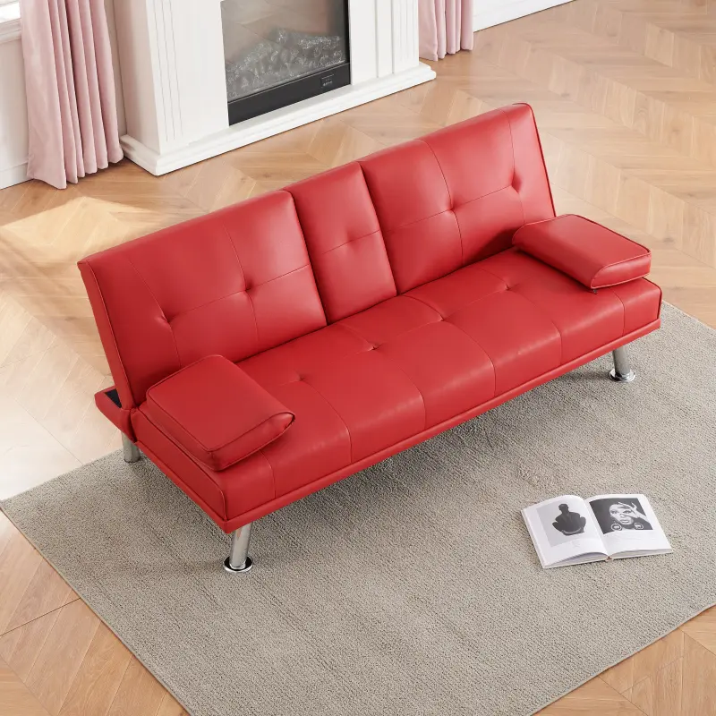 Modern Futon Sofa Bed Loveseat Couch,Convertible Folding Sleeper Chair Removable Armrests 2 Cup Holders,Leather Office Double Folding Sofa Bed, for Living Room, Office, Apartment
