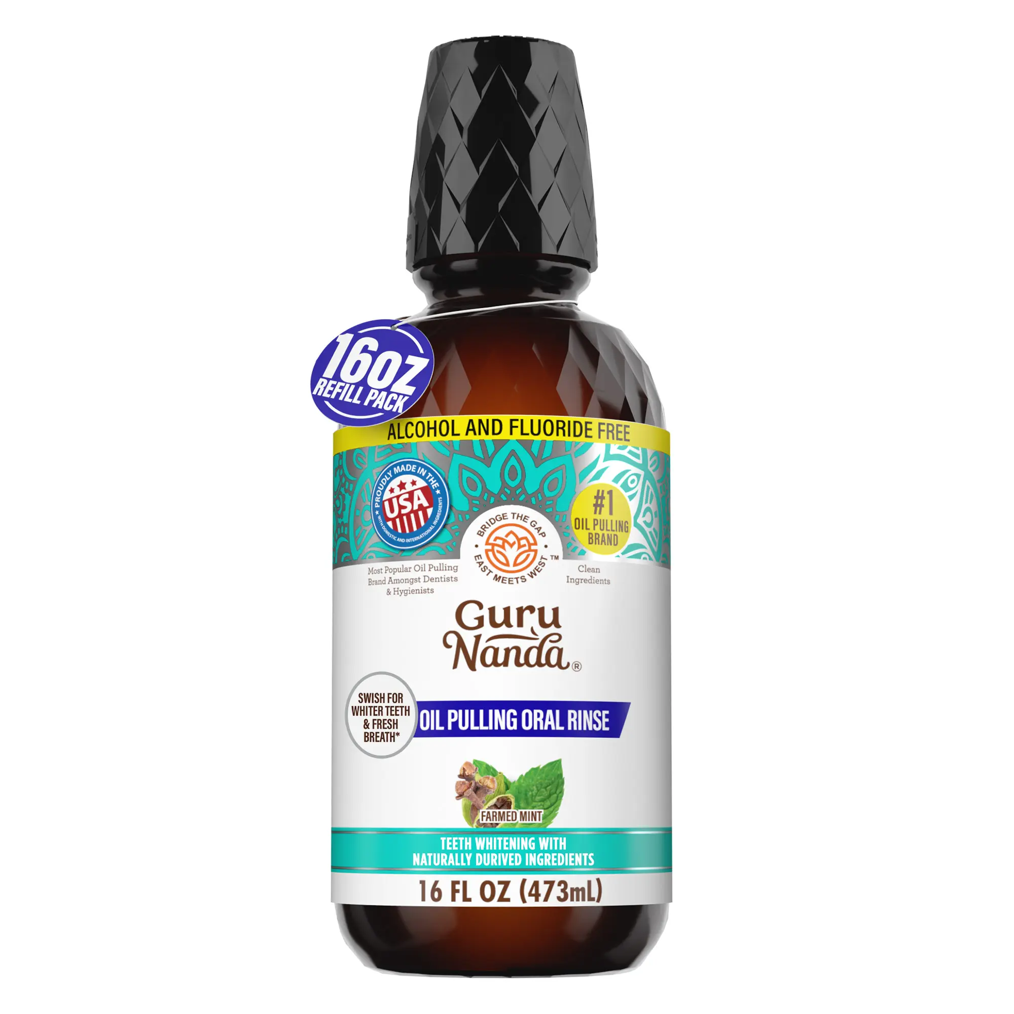 GuruNanda Refill Size Farmed Mint Oil Pulling Mouthwash with 7 Essential Oils & 3 Vitamins, Promotes Fresh Breath & Happy Gums, Alcohol-Free, 16 fl oz