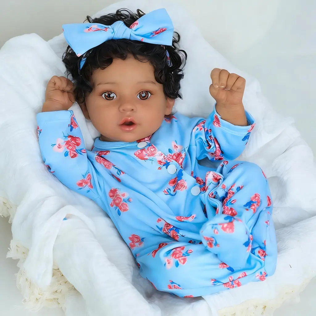 Reborn Baby Doll - 19 in (49cm) Awake African American Silicone Gorgeous Soft Doll Set, Lifelike Weighted Dark Skin with Blue Floral Outfit, Collectible Toy, Gorgeous Doll