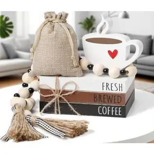 Rustic Home Accents, Mini Wooden Book Stack Decor with Bead Garland, Farmhouse Shelf Decor for Tiered Trays and Tables, Vintage Coffee Bar Accessories, Cozy Kitchen Countertop Display, Handcrafted Wall Shelf Ornaments Set Signs Decorative