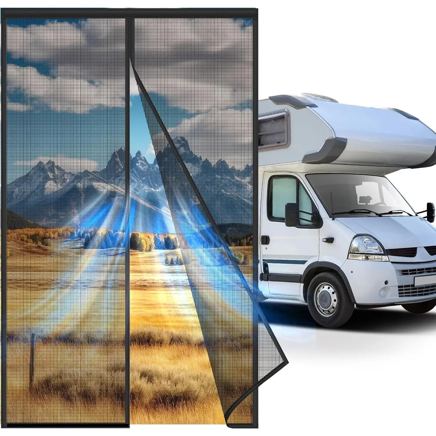 33"x80" RV Screen Door with Hook-and-Loop Closure - Synthetic Fiberglass Mesh, Ventilated, Pet-Friendly, Bug-Proof, Weather-Resistant, See-Through, Easy-Install Doors for Campers, RV Parks, Manufacturer Warranty (Car Exterior Sunshade Accessory), Fiber Gl