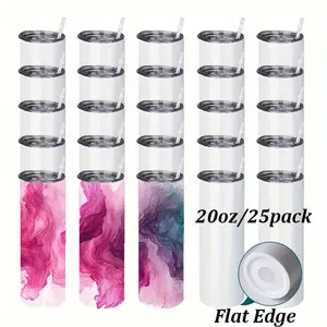 Crafix 25-Pack 20oz (591ml) Flat Edge Flat Bottom Vacuum Insulated Stainless Steel Tumblers - Sublimation Ready Skinny Portable Water Bottles, Tumbler with Lid, Leak-Proof Plastic Straws, Travel Coffee Mug, Summer Drinkware