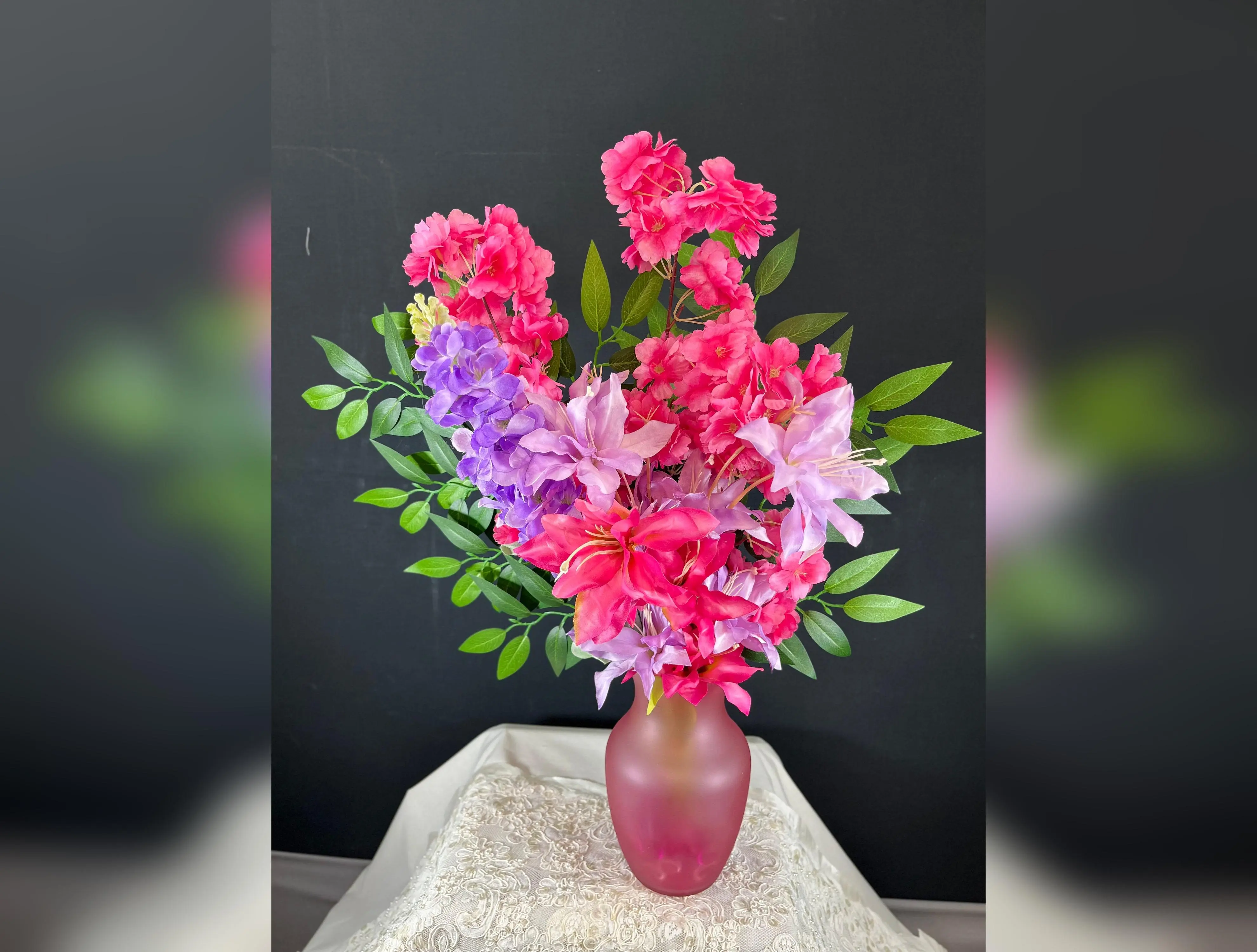 Silk Flame Lily Arrangement, Burgundy Ceramic Vase