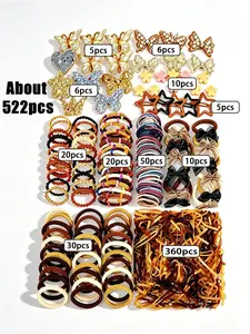 522 pieces of khaki hair accessory set, Versatile, includes bow and sparkling bow hair clips, hair-friendly hair ties, and bow tie collars, perfect for daily wear, birthday parties, photos, and occasions, meets styling needs