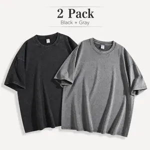 Men's 2-Pack 230G Heavyweight Washed Oversized Basic Tshirts, Unisex Vintage Cotton Casual Short-Sleeve Round Neck Foldable Tops, Black + Gray All-Seasons Pre-Shrunk Comfy Athletic Streetwear Fan Merch