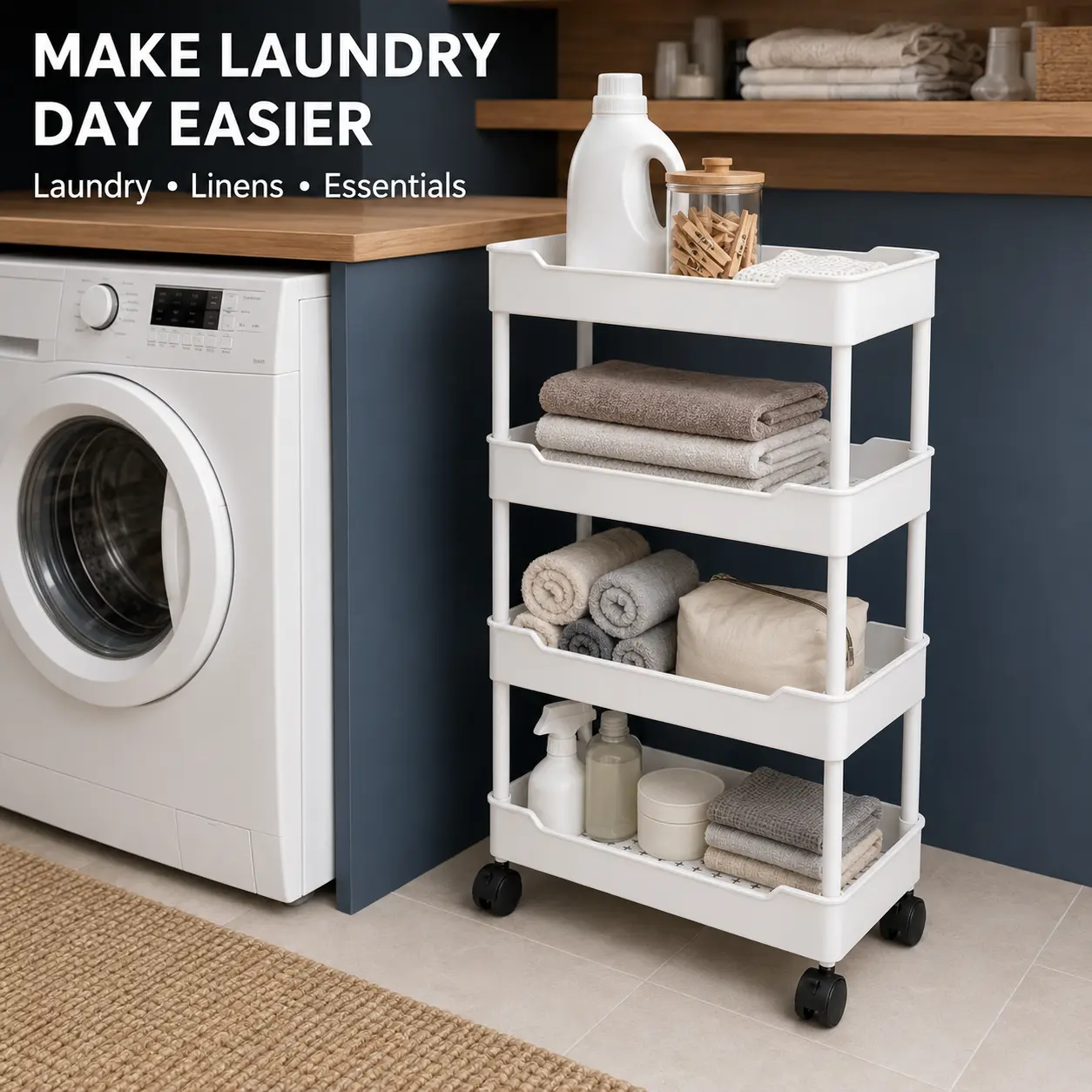Slim 3-tier or 4-tier storage rack with open baskets and rolling wheels, space-saving freestanding organizer shelf for kitchen, bathroom, bedroom, pantry, and office