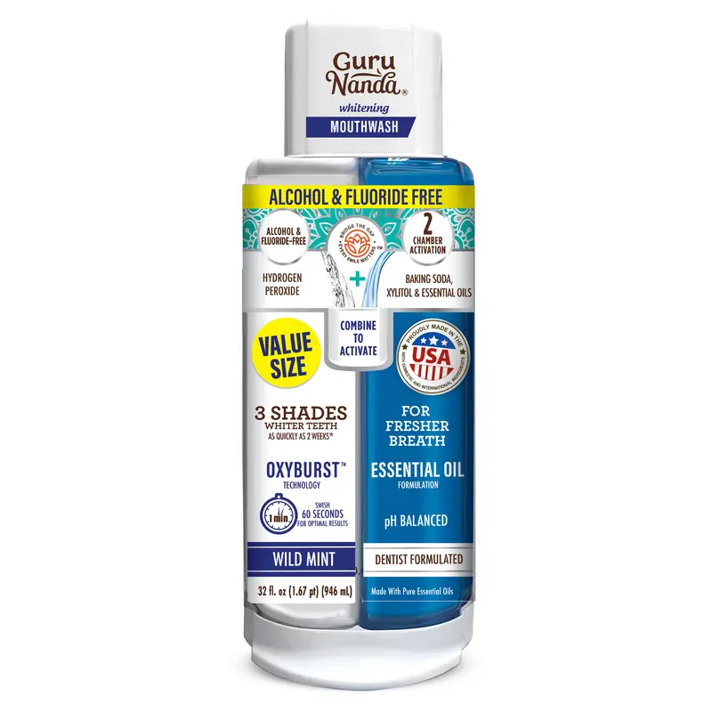 GuruNanda Teeth Whitening Dual Barrel Oxyburst Mouthwash - Alcohol & Fluoride Free, Hydrogen Peroxide to Promote Whiter Teeth - Wild Mint - 32 Fl Oz