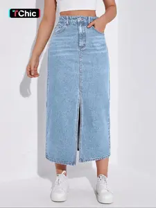 New Women's Denim Skirt Front Slit Sexy One-Step Midi Skirt Split Hem Skirt, Washed Craftsmanship, Fashion Style, Fall Season, Button Fly Closure