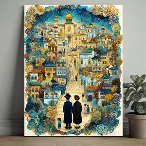 1 Piece Jewish Family Blessing Canvas Wall Art - Medieval Jewish Life in Middle Eastern Cities, Hebrew Style Colors - Home Prayer Painting - Comes with a hook for direct hanging - Suitable for living rooms, offices, synagogues - Jewish housewarming gift -