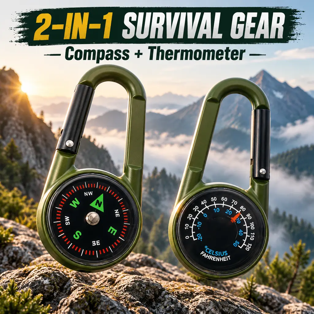 3-in-1 Metal Compact Compass - Unisex Portable Navigation Tool with Carabiner Hook, Thermometer, Key Ring for Camping, Hiking (Sports & Outdoor Gear)