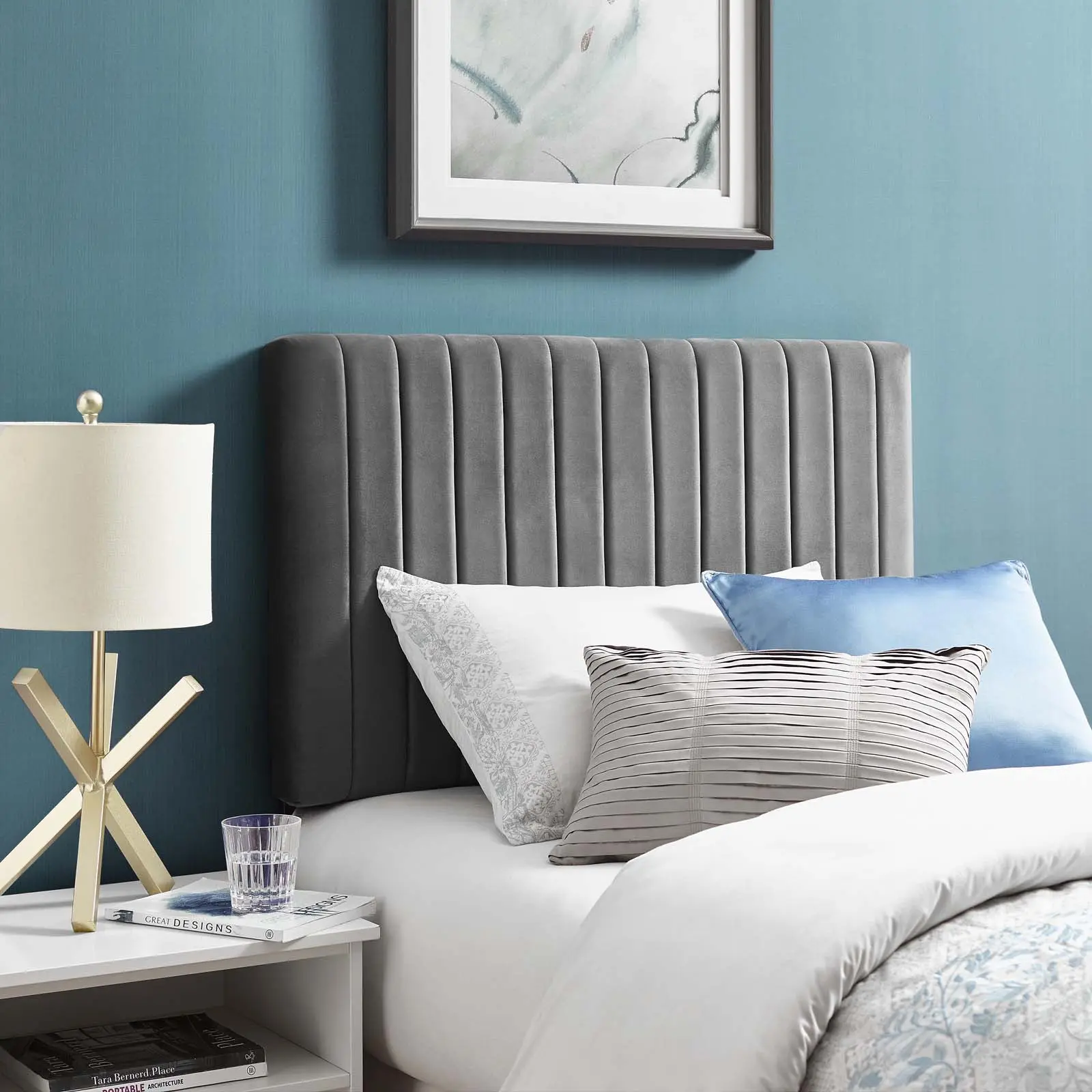 Modway Keira Performance Velvet Upholstered Twin Headboard - Gray, Dense Foam Padding, Channel-Tufted, Modern Chic Squared Profile, Stain-Resistant, Long-Lasting for Twin Size Bed, College Dorm