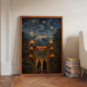 [Sale Up To 50%][No frame, Free Ship] Jurassic Park Starry Night Wall Art, Dinosaur Landscape Poster, Jurassic Gate Print, Movie Inspired Wall Decor, Vertical Art Print