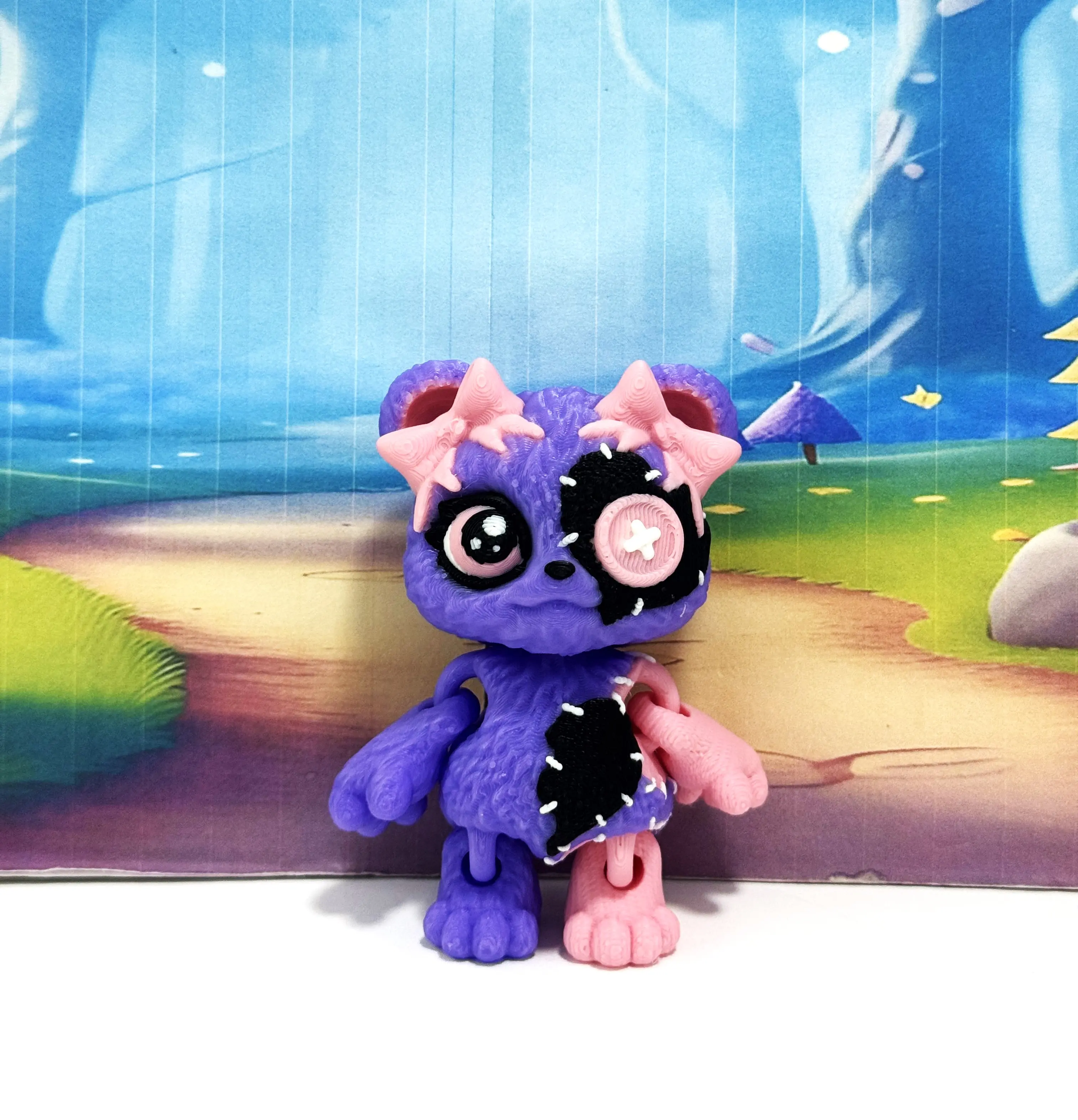 Patchwork Bear Fidget Toy, Purple, 3" 3D Printed Articulated Teddy Bear, Poseable Halloween Decor