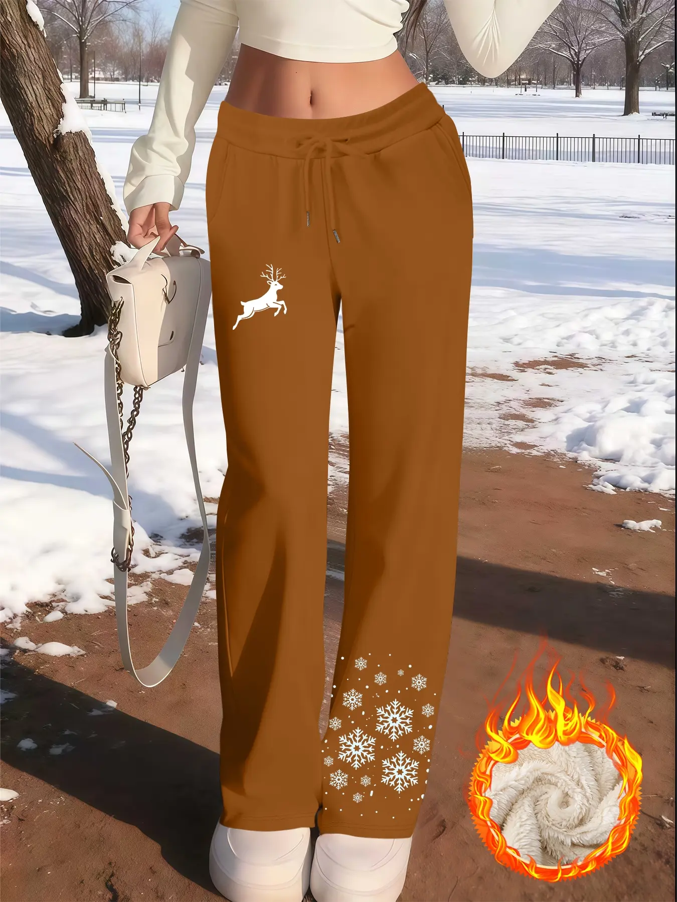 Women's Fleece Lined Thick Long Drawstring Pants, Christmas Deer & Ice Flower Print, Lamb Velvet Inner Warm Pant, Fall Winter Casual Straight Leg