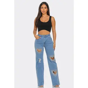 Women's Heart Rhinestone Jeans - Best Seller, High Waist, Comfy - Cotton