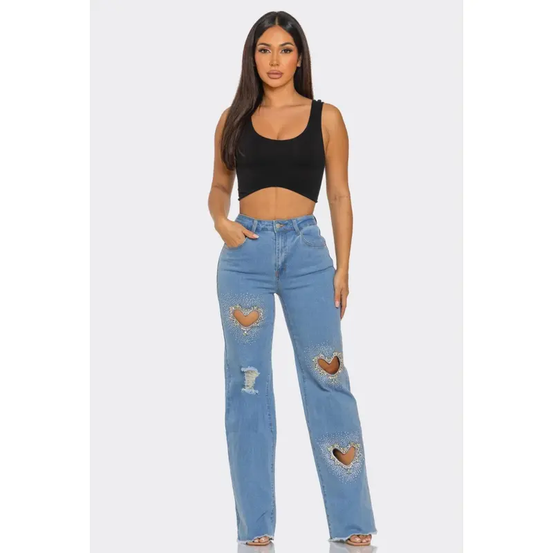 Women's Heart Rhinestone Jeans - Best Seller, High Waist, Comfy - Cotton