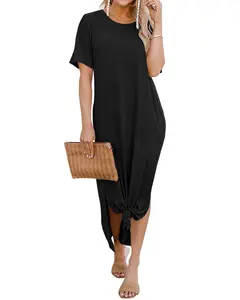 Women's Basic Cotton Summer Casual Dress - Loose Fit, Drop Shoulder, Round Neck, Side Slit, Pocket, Khaki, Small Lady's Garment, Multi-Size, Travel-Friendly, Comfortable Casual Dresses
