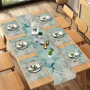 Modern Marble Texture Table Runner Set, Turquoise Color Dining Room Decor, Ideal for Wedding & Holiday Parties, Kitchen Accessories