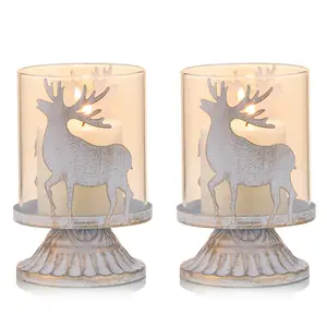 Set of 2 Vintage Antique Pillar Candle Holders , Small Distressed Hurricane Candlestick Candle Holders Prefer Centerpieces for Christmas Table Mantle Fireplace Decoration