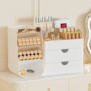 Makeup Organizer for Vanity with 2 Large Drawers, Large Capacity Cosmetic Storage Case with Brush Holders, Skincare & Lipstick Organizer for Bathroom Countertop, Vanity Desk, Jewelry & Beauty Supplies transparent