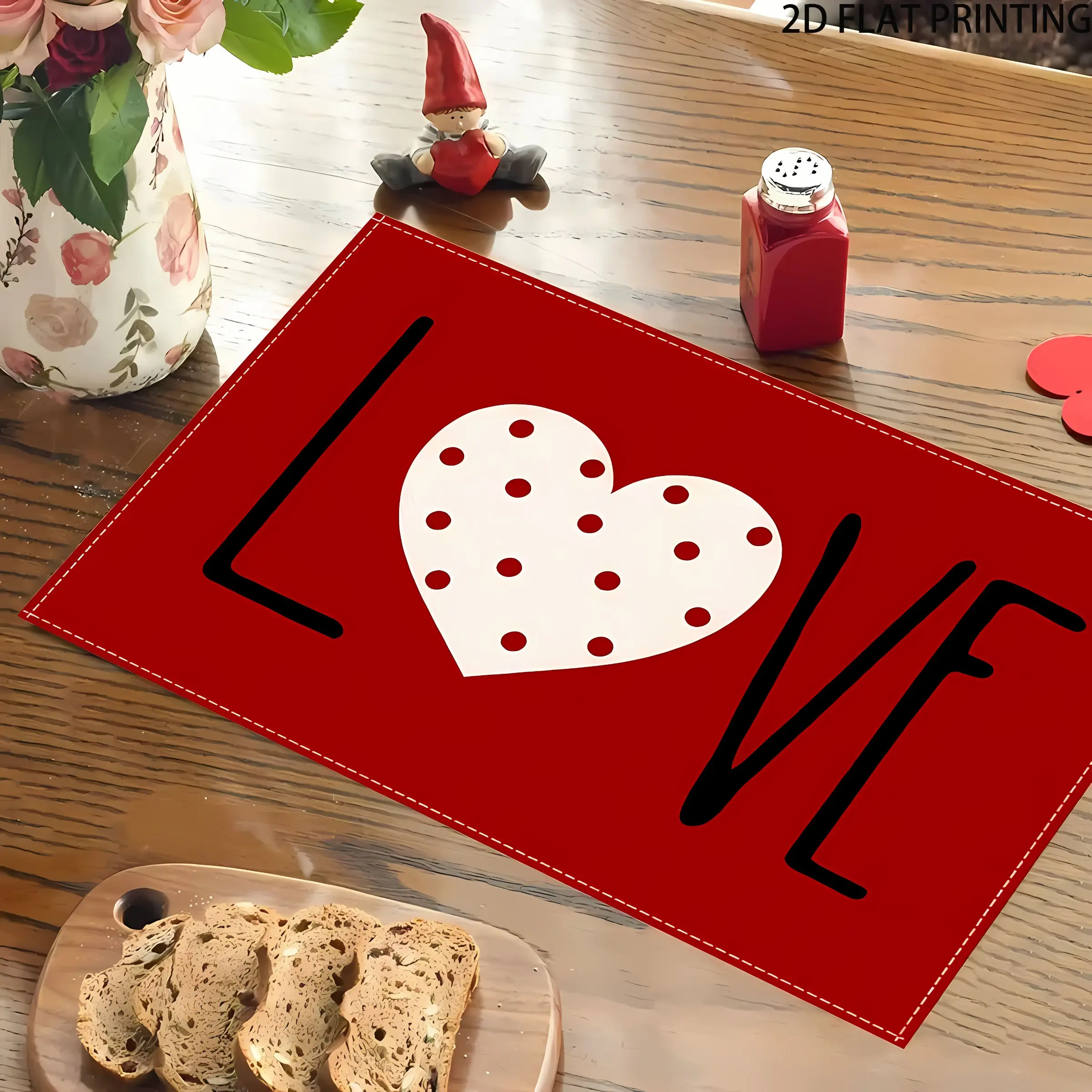2D flat printing, 2-piece/4-piece/6-piece/8-piece set Valentine's Day placemat - heat-resistant table mat with heart-shaped and polka dot design, red, durable linen material, machine washable, perfect for weddings, Coffee Table Mat