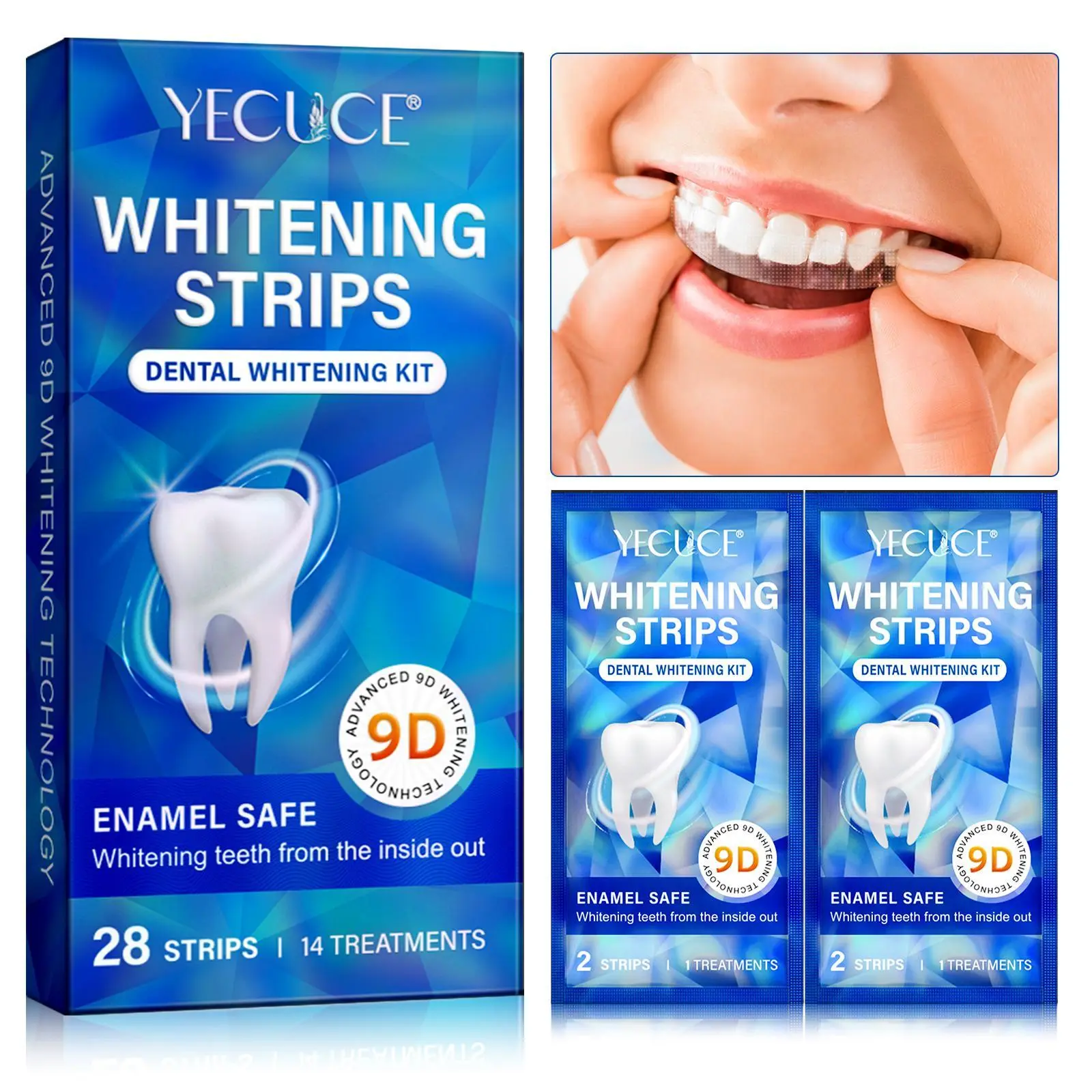Yecuce 9D Beauty Teeth Stickers, 1 Box 14 Sheets 28 Strips, Gentle Non-Irritating, Removes Stains, Multi-Effect Whitening, Oral Care