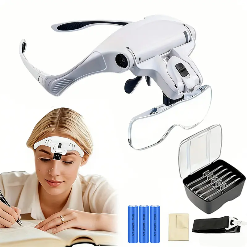 Head-mounted Magnifier with 5 interchangeable lenses (1X/1.5X/2.0X/2.5X/3.5X)Head Magnifier with elastic headband for Reading Jewelry Making Electronics Repair Head-mounted Illuminated Magnifier (3 AAA Batteries) Valentine's Day Gift for Her/Him
