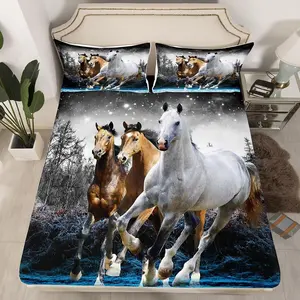 Horse Bed Sheet Set Galloping Horse Bedding Sheets for Kids Boys Girls Wildlife Bedding Fitted Sheet Farm Animal Bed Cover
