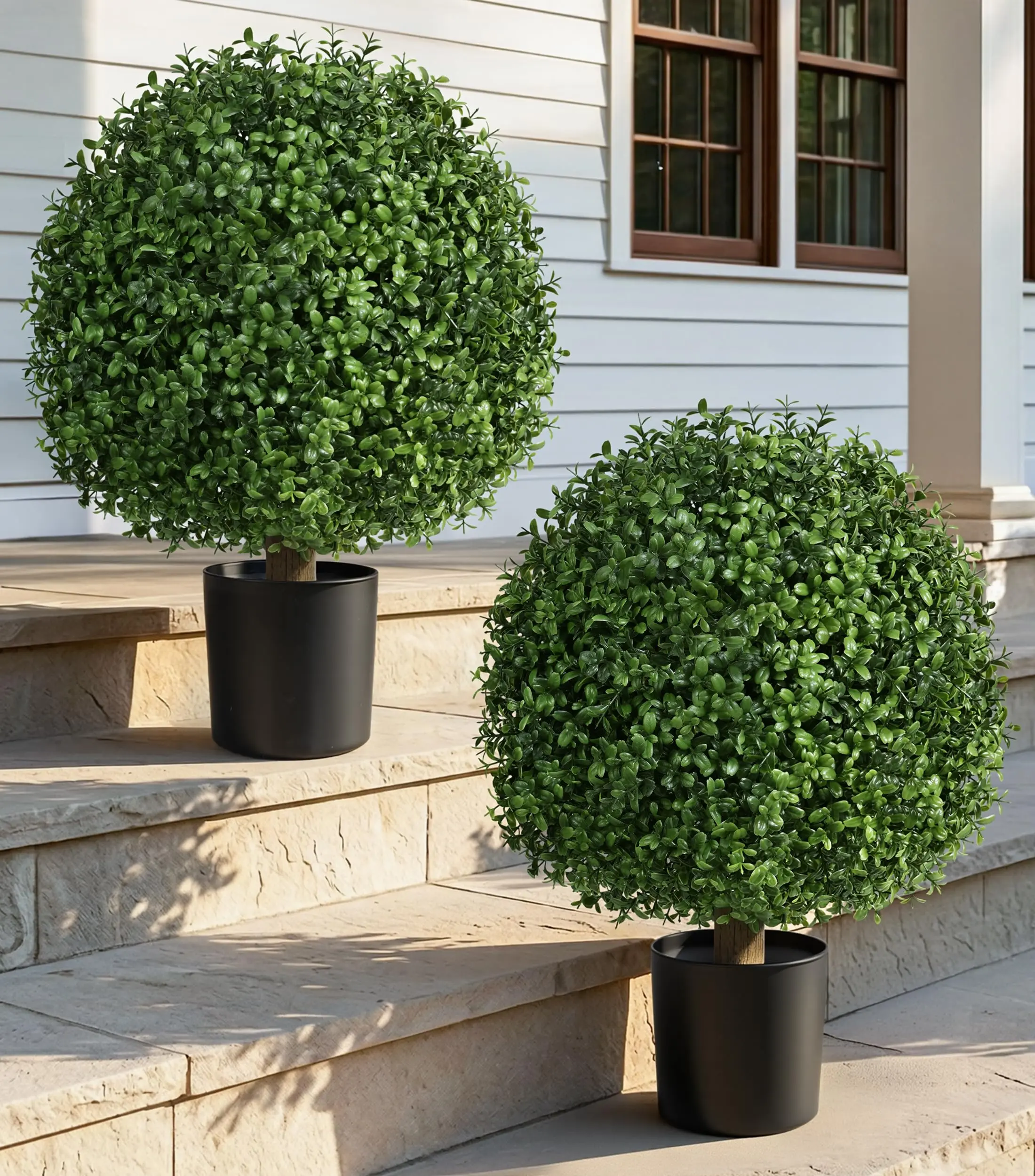 Ivydale Boxwood Topiary Trees Artificial Outdoor Ball in Planter, 20in Outdoor Indoor Realistic Fake Plants Shrubs for Front Porch Decor, Faux Bushes Plants for Home Front Door Offices, Set of 2