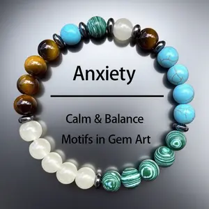 Unisex Healing Crystal Bead Bracelet - Natural Stress & Anxiety Relief Fashion Accessory with Calm Motifs for Emotional Balance in Gem Art Jewelry