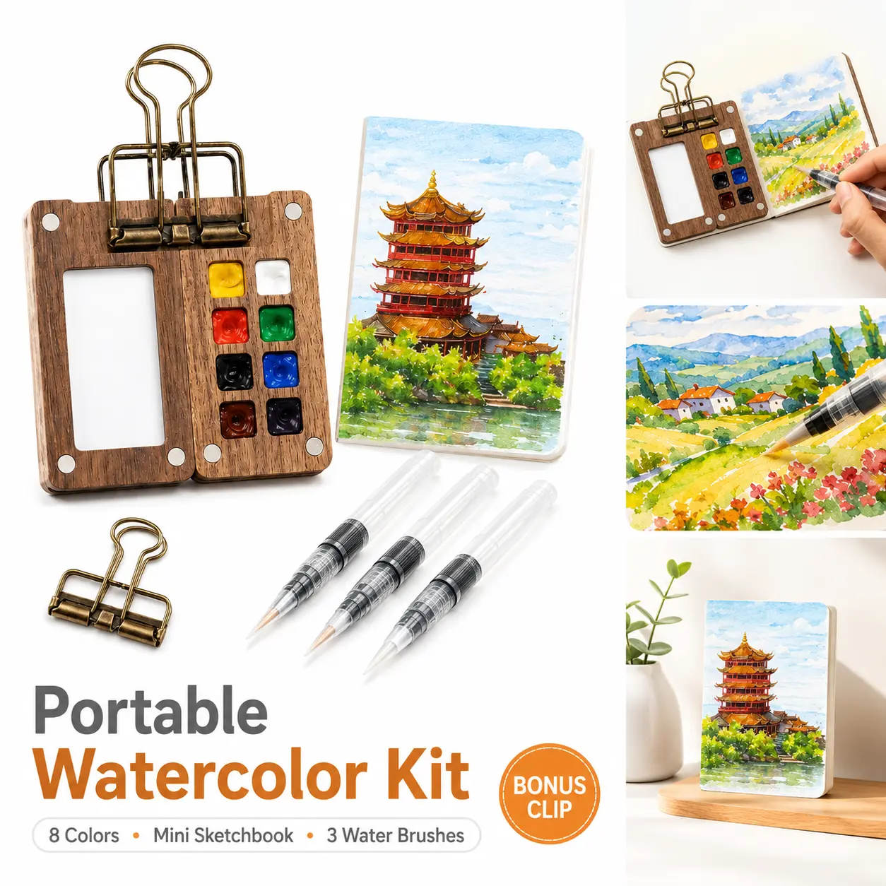 Portable Watercolor Palette Set, 8-Well Walnut Wood Palette with Clip, Mini Watercolor Sketchbook and 3 Water Brush Pens for Travel Painting and Urban Sketching