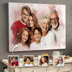 2D Flat, 2D Flat, 2D Flat Custom Memorial Canvas Gift, Watercolor style,Combined Photos of Loved Ones, Ideal for Family Portraits. A Unique Gift for Family Members, Perfect for Home Decoration And Wall Art poster