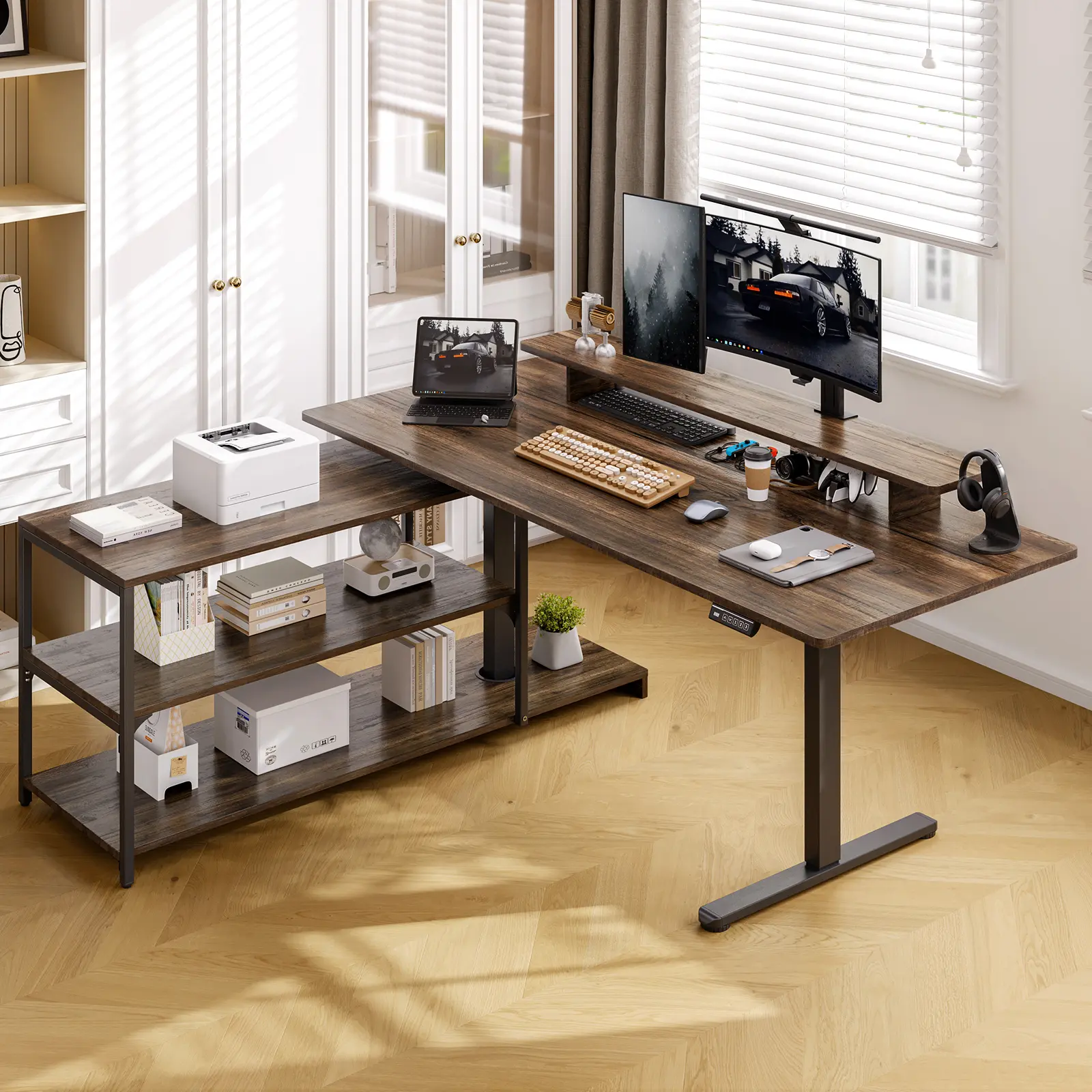 【BackToSchool】ONBRILL Electric Adjustable Modern Wood Computer Working Desk - L-Shaped, 63x24in Monitor Shelf, 28-46in Height, Filing Cabinet Included, Office Furniture for Home Workstation & Gaming Setups, Modern Wood Desk, Multi Functional Desk