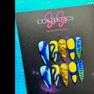 Cosmetics Blue Lemonade Long Stiletto Press On Nails with Yellow and Gold Accents