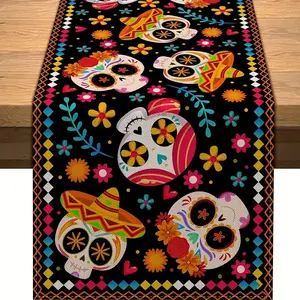 1 piece set of linen table runway for the Day of the Dead - vibrant skull pattern, suitable for Mexican carnivals and festival parties, kitchen and restaurant decorations, family gatherings and festival decorations, home decor, gifts