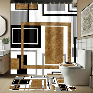 Home Decor 1/ 3/ 4pcs Geometric, Square, Patchwork Pattern Shower Curtain with Hooks, Bathroom Partition Curtain, Bathroom Accessories, Home Decor, All Season Elegant Home Accessories, Machine Washable