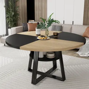 Garvee Farmhouse Round Dining Table for 4-6 with Storage Shelf, 47.2" Wood Kitchen Table, Vintage Style, Ideal for Dining Room, Kitchen, Living Room, Apartment, Black & Wood-Rec
