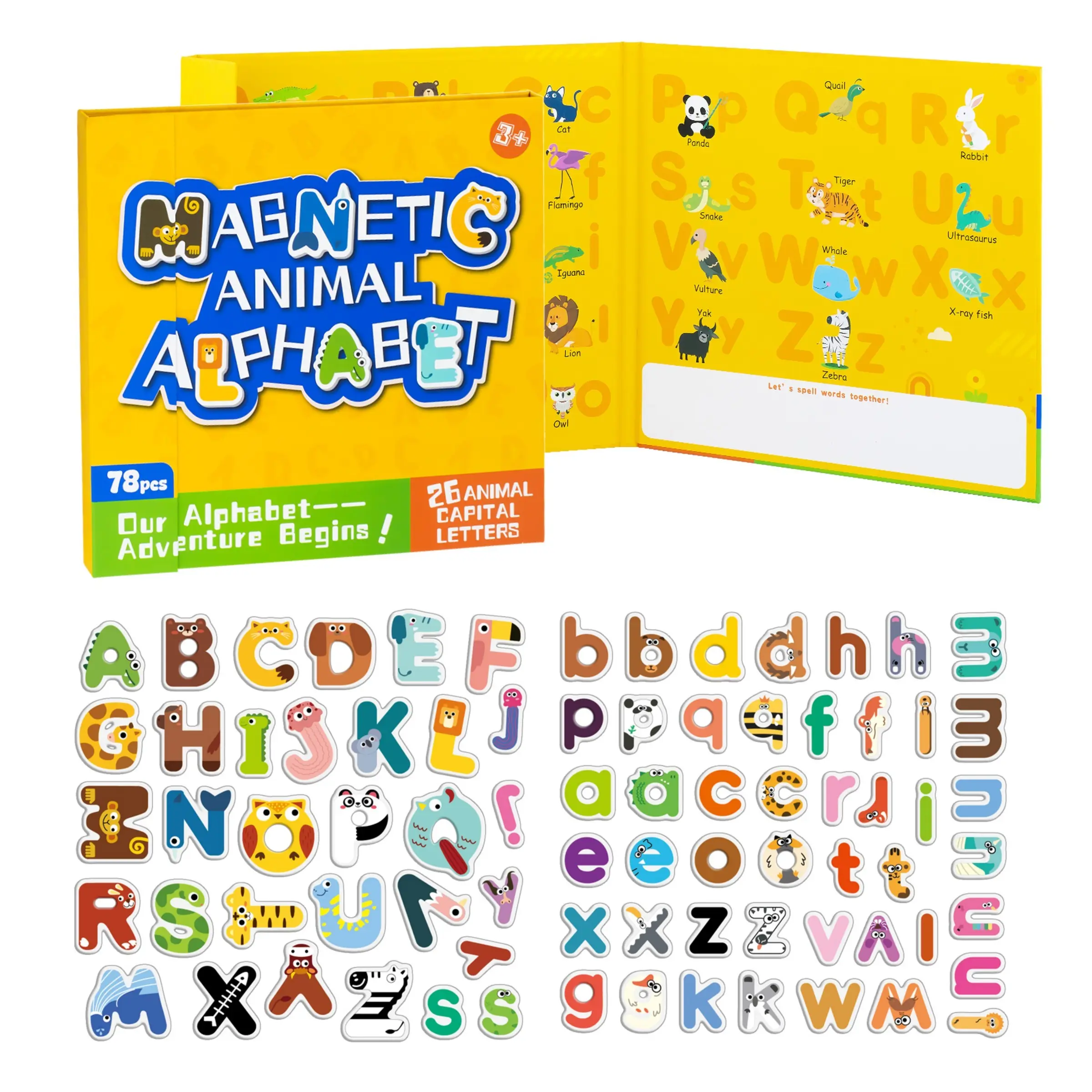 78-Piece DIY Magnetic Animal Alphabet Set, Interactive Early Learning Toy for Toddlers & Preschool Kids, Multifunctional Magnets for Fridge, Blackboard, Whiteboard