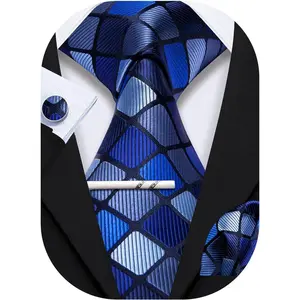 Men Plaid/Striped Ties Set Silk Business Wedding Formal Fashion Necktie and Pocket Square Cufflinks Set