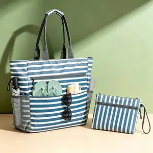 Striped casual beach tote bag with zipper; large-capacity waterproof beach bag; sandproof, lightweight summer travel bag; unisex travel bag; soft mesh commuter fashion bag; organizer—an essential for travel and vacations.