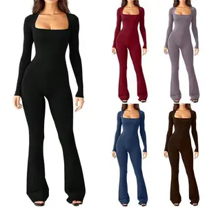 Long-Sleeve Waist-Shaping Hip-Lifting Square-Collar Wide-Leg High-Stretch Jumpsuit GARMENTARY