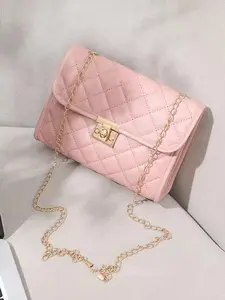 Women's Solid Color Quilted Chain Strap Shoulder Bag, Fashionable Buckle Closure Crossbody Bag, Simple All-match Small Square Bag for Daily Used