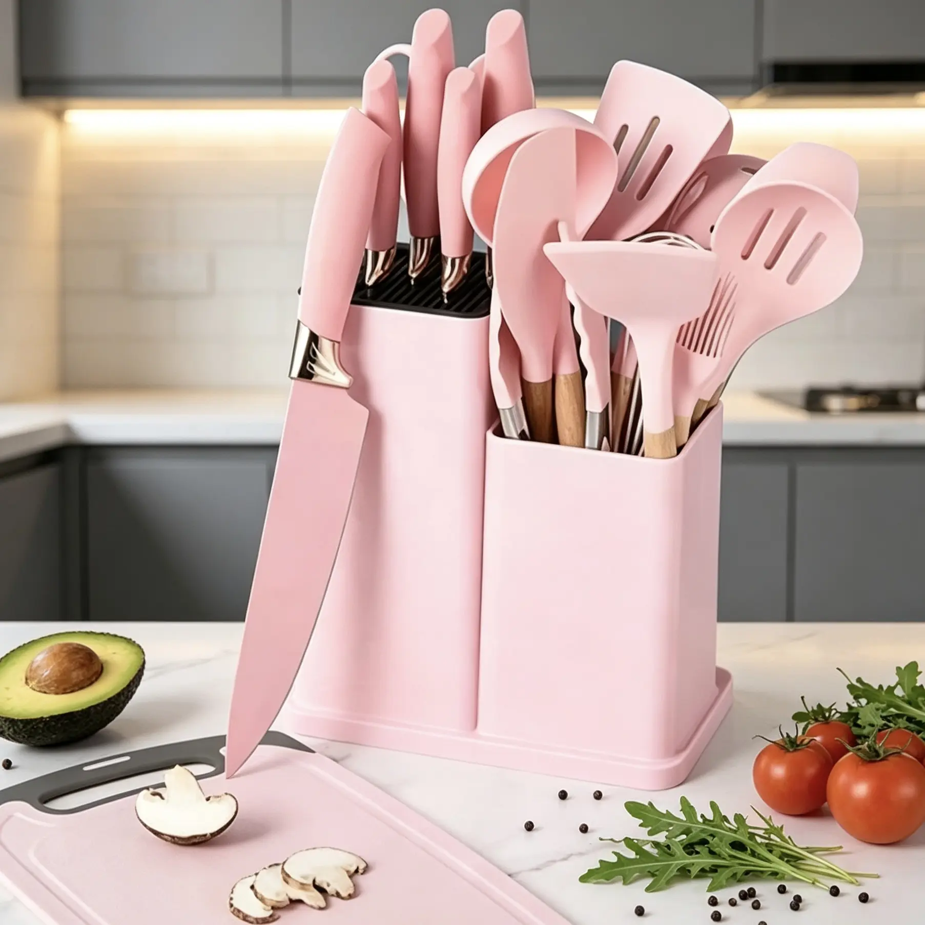 19pcs kitchen knife setComplete Knife Block Set with Silicone Kitchen Tools, Fish Knife, Cutting Board & Holder – Pink Sturdy Kitchen Knife Set for Apartment & New Home, BPA-Free kitchen accessories