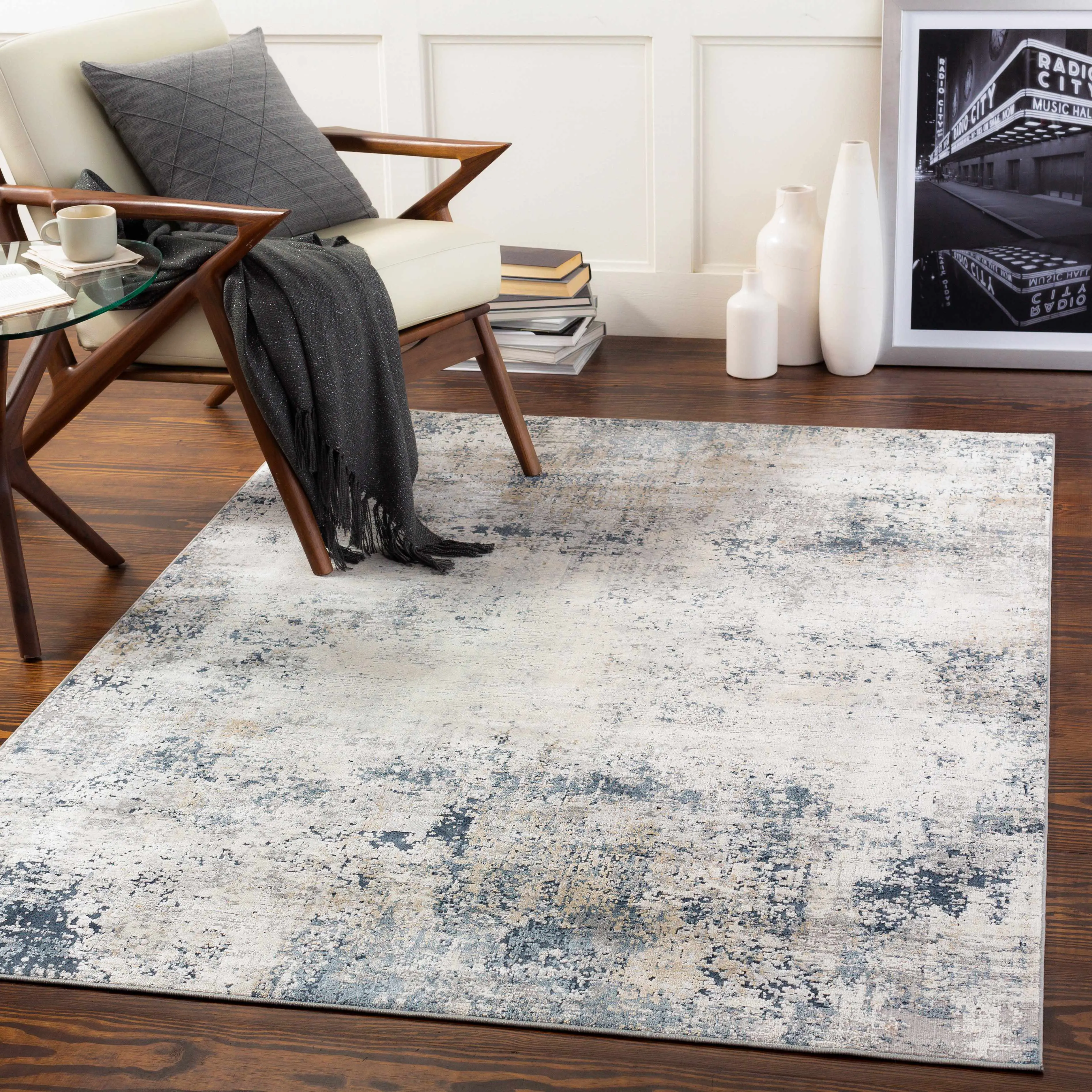Higden Abstract Denim Blue Decorative Rug, Rectangle Indoor Large Living Room Rug, Living Room Rugs
