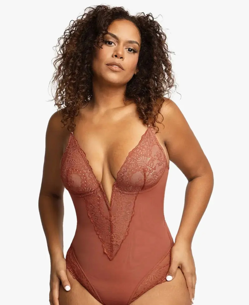 Popilush Deep V Lace Bodysuit, Built-in Shaper Elegant Adjustable Neck Shapewear - Live