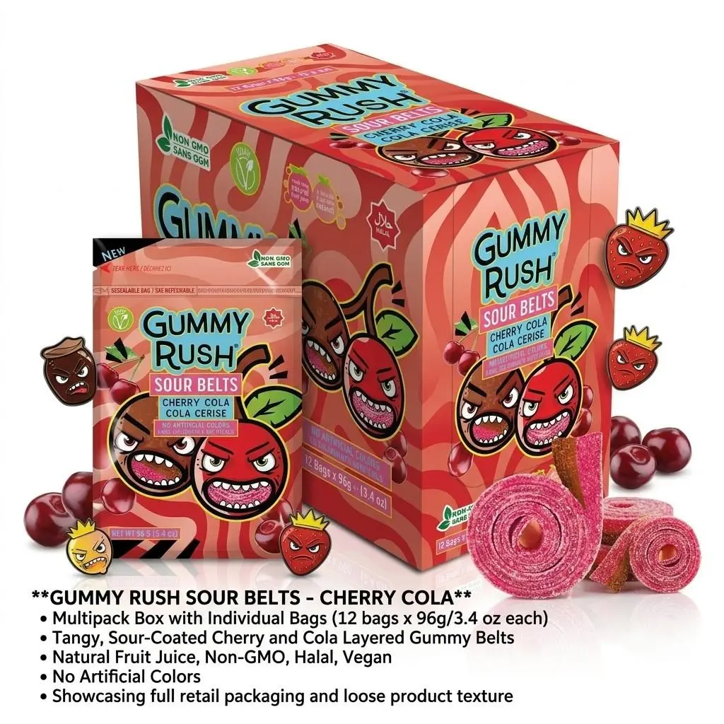 INFIN8Gummy Rush Turkish Sour Belts Cherry Cola  3.4oz Peg Bag 12ct